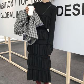 Long-sleeve Frill Trim Midi Layered Dress Black - One Size