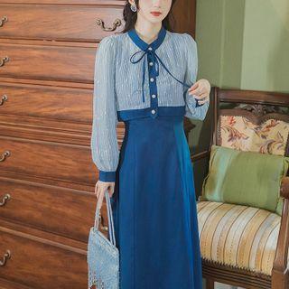 Set: Contrast Trim Blouse + Sleeveless Midi A-line Dress