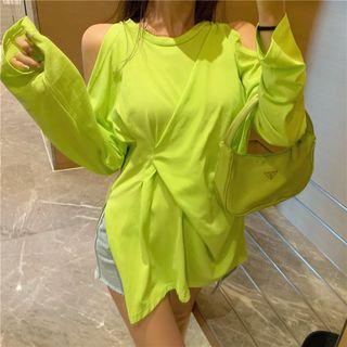 Long-sleeve Off-shoulder Plain Twisted Top