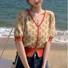 Short-sleeve Jacquard Knit Top Orange Floral - Beige - One Size