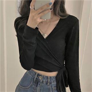 Long-sleeve Plain Irregular Slim-fit Cropped Top
