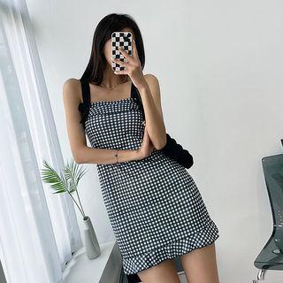 Sleeveless Ribbon Gingham Minidress Navy Blue - One Size