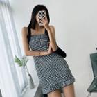 Sleeveless Ribbon Gingham Minidress Navy Blue - One Size