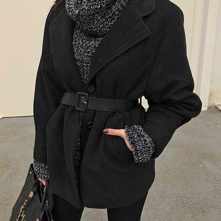 Mandarin-collar Buttoned Jacket With Belt