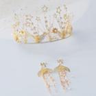 Wedding Set: Faux Pearl Star Tiara + Fringed Earring Crown & 1 Pair - Clip On Earring - One Size