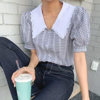 Contrast-collar Puff-sleeve Plaid Blouse