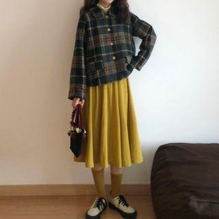 Plaid Shirt Jacket / Midi A-line Corduroy Skirt