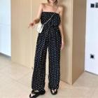Strapless Dotted Wide-leg Jumpsuit White Dotted - Black - One Size