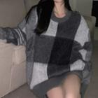 Oversized Round-neck Plaid Long-sleeve Sweater Gray - One Size