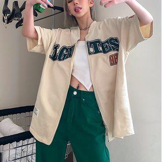 Short-sleeve Letter Embroidered Zipped Jacket