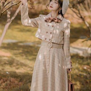 Plaid Double-breasted Cropped Jacket / Midi Jumper Dress / Set