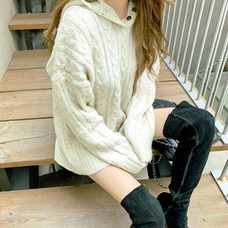 Half-placket Boxy Cable-knit Hoodie