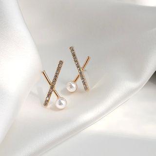 Rhinestone Cross Faux Pearl Earring