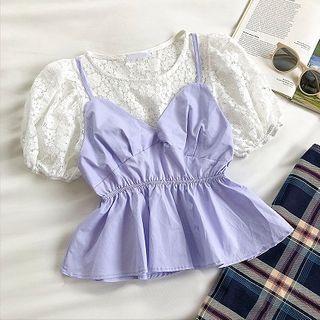 Mock Two-piece Lace Short-sleeve Panel Strap Top