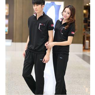 Set: Couple Short-sleeve Stand-collar Top + Pants