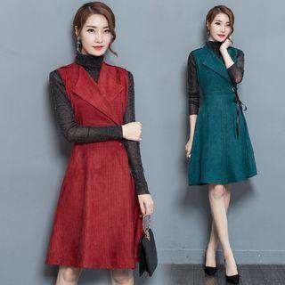 Set: Sleeveless Lapel Ribbon Midi Dress + Long-sleeve Top