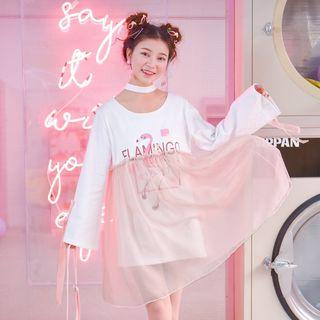 Print Bow Mesh Panel Long-sleeve Dress