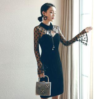 Mesh Panel Collared Sheath Velvet Dress
