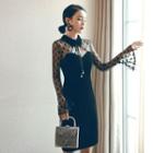 Mesh Panel Collared Sheath Velvet Dress
