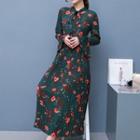 Bow Accent Floral Print Long Sleeve Chiffon Dress