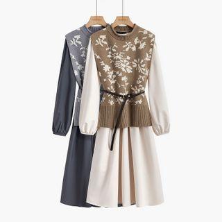 Set: Long-sleeve Midi A-line Dress + Pattern Sweater Vest
