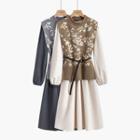 Set: Long-sleeve Midi A-line Dress + Pattern Sweater Vest