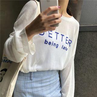 Lettering Long Sleeve Sheer Knit T-shirt