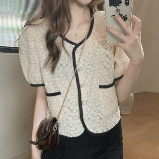 Puff-sleeve Button-up Embroidered Blouse Almond - One Size