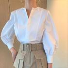 Set: Lantern-sleeve Blouse + Pocket Detail A-line Skirt