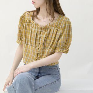 Plaid Short-sleeve Ruffle Trim Cropped Blouse Curcumin - One Size