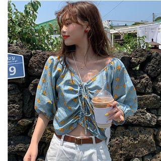 Flower Print Elbow-sleeve Drawstring Blouse