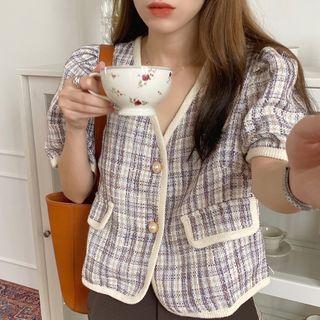 Button Plaid Short-sleeve Top