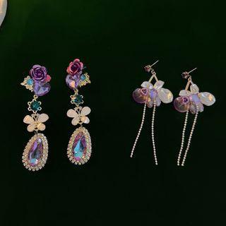 Rose Rhinestone Faux Crystal Dangle Earring / Fringed Earring