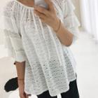 Tie-front Frilled-sleeve Perforated Top