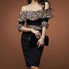 Elbow-sleeve Leopard Print Panel Midi Sheath Dress