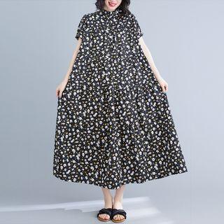 Short-sleeve Floral Print Mock-neck Midi Dress Black - One Size