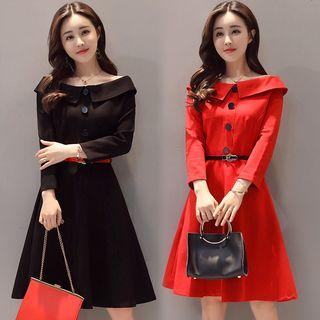 Buttoned Off Shoulder Long Sleeve A-line Dress