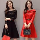 Buttoned Off Shoulder Long Sleeve A-line Dress