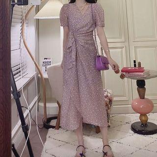 Set: Floral Print Puff-sleeve Maxi A-line Dress + Slipdress