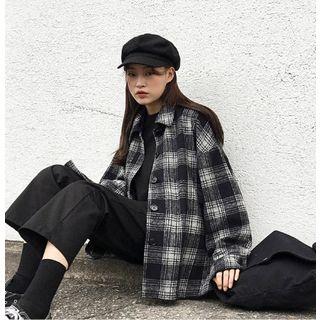 Pocket-side Wool Blend Plaid Shirt One Size