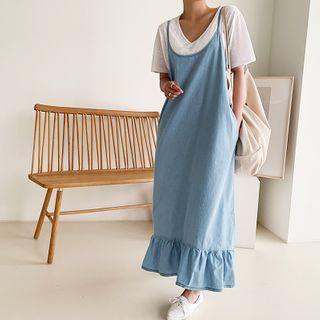 Sleeveless Ruffled Maxi Denim Dress Light Blue - One Size