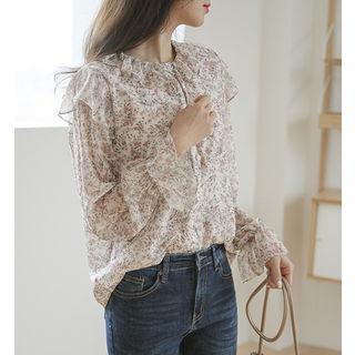 Beribboned Frilled-neck Floral Blouse