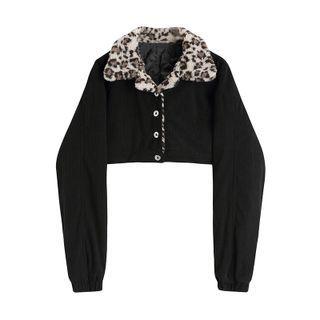 Leopard Print Panel Single-breasted Jacket / Mini A-line Skirt