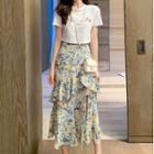 Set: Print Cropped T-shirt + Floral Ruffle Trim Midi A-line Skirt
