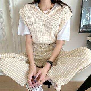 Collared Waffle-knit Sweater Vest