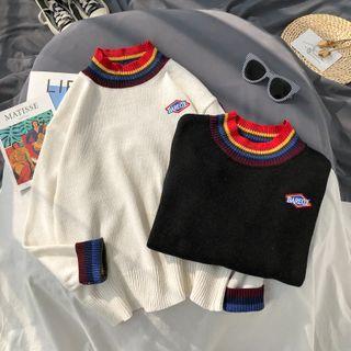 Contrast Trim Letter Embroidered Sweater