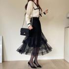 Set: Waffle Knit Cardigan + Tired Tulle Skirt Black - One Size