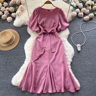 Short-sleeve Round-neck Bow Mermaid Dress