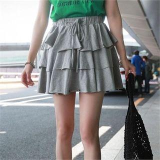 Drawcord-waist Ruffle-tiered Miniskirt