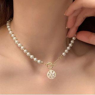 Flower Faux Pearl Rhinestone Pendant Alloy Choker Faux Pearl & Flower - White - One Size